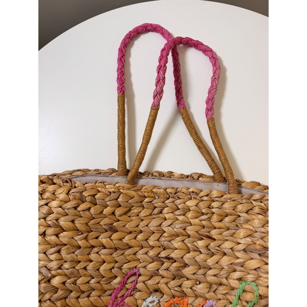 Summer Straw Tote Bag Womens Large Beige Excellent Embroidered Beach Woven‎ - Picture 3 of 7